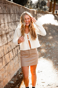 Beige Houndstooth Mini Skirt