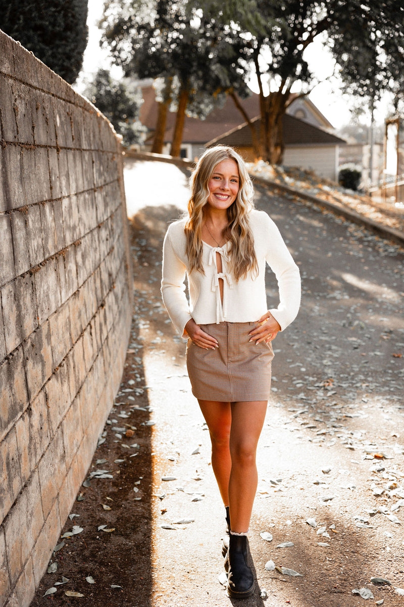 Beige Houndstooth Mini Skirt