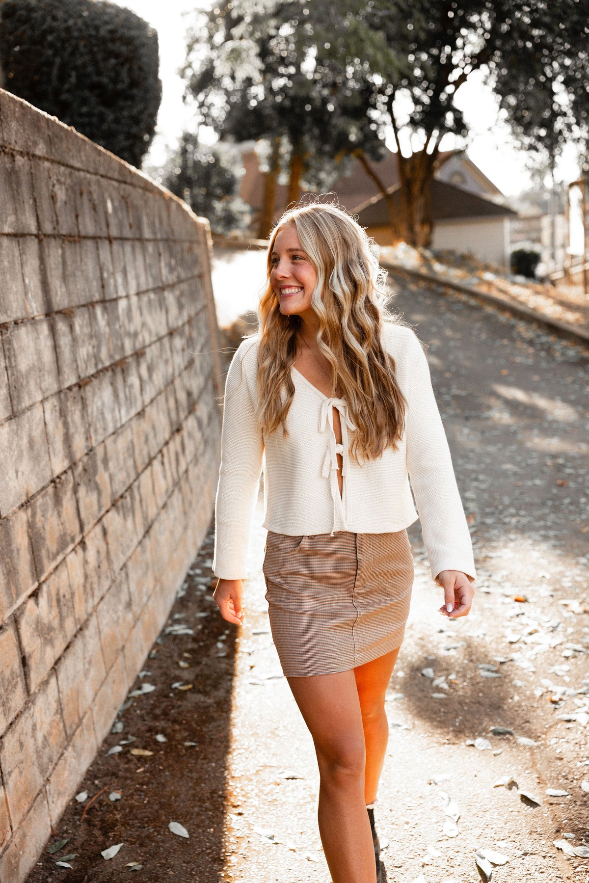 Beige Houndstooth Mini Skirt