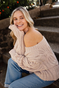 Taupe Off The Shoulder Cable Knit Sweater