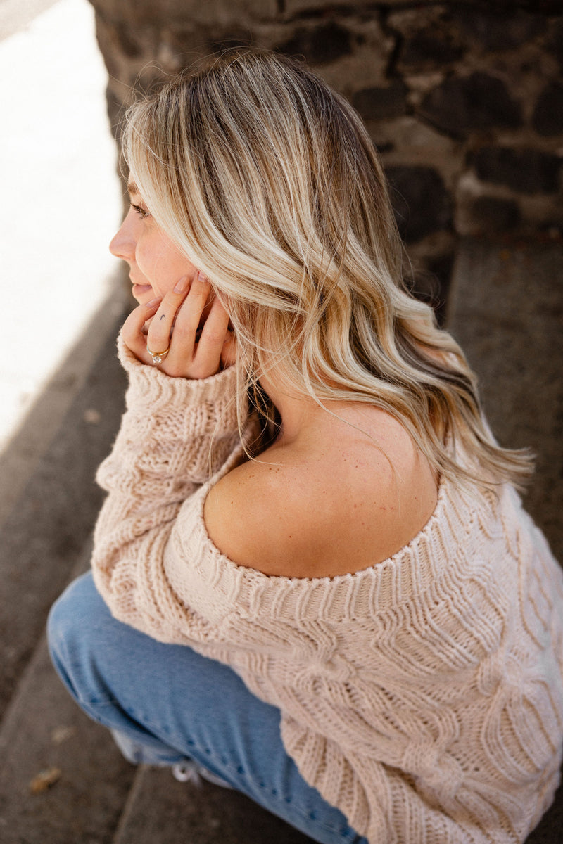 Taupe Off The Shoulder Cable Knit Sweater