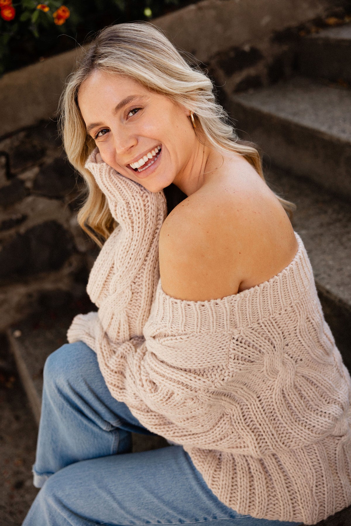 Taupe Off The Shoulder Cable Knit Sweater