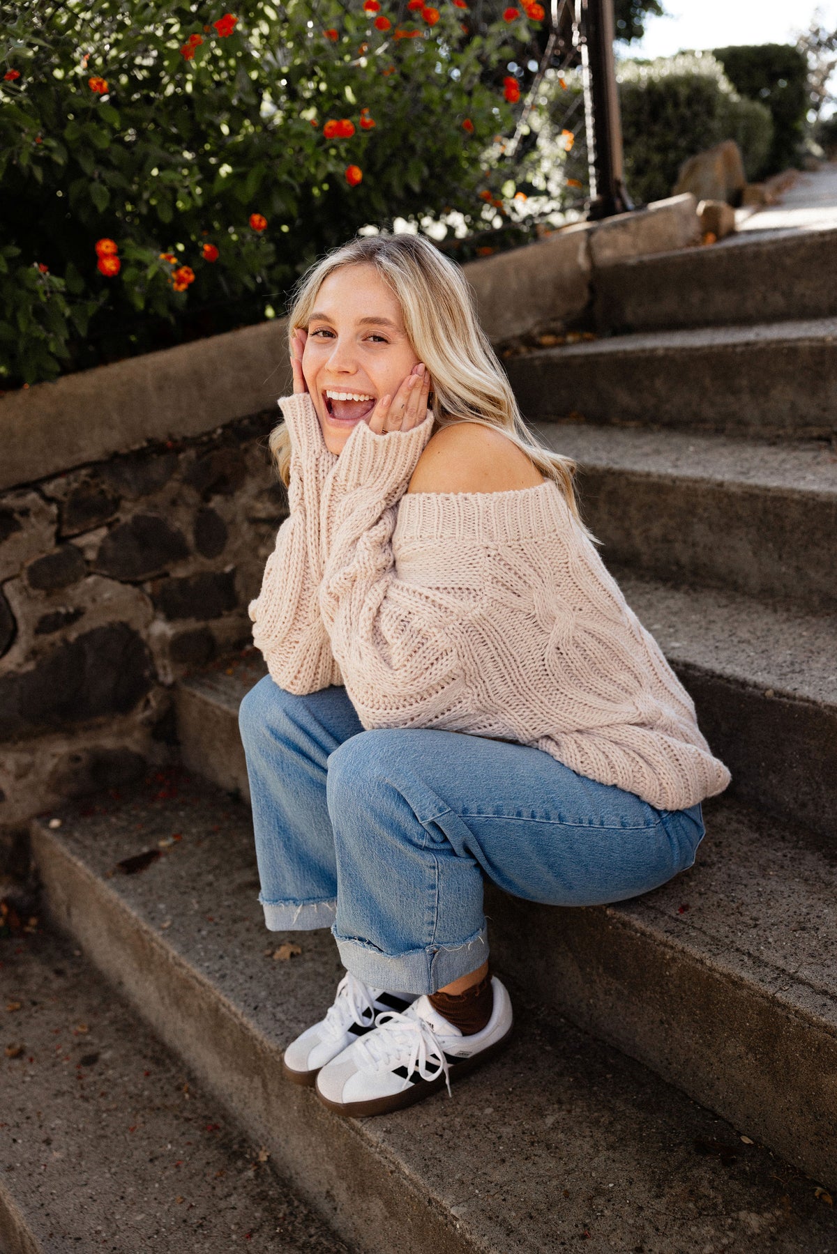 Taupe Off The Shoulder Cable Knit Sweater