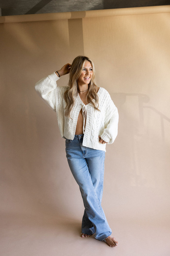 Ivory Front Tie Cable Cardigan